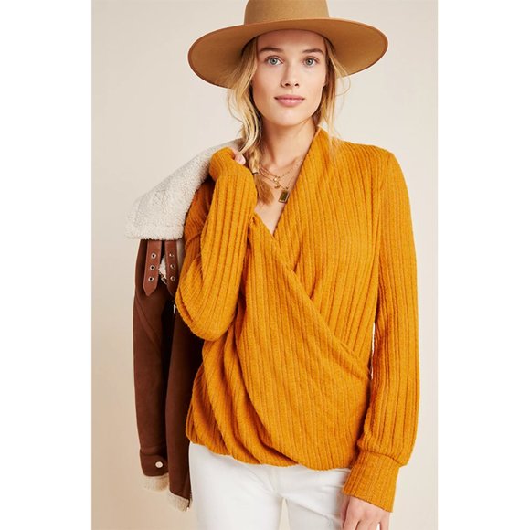 Anthropologie Tops - Anthropologie Maeve Rafela Hacci Faux Wrap Top V-Neck Long Sleeve Goldenrod XS